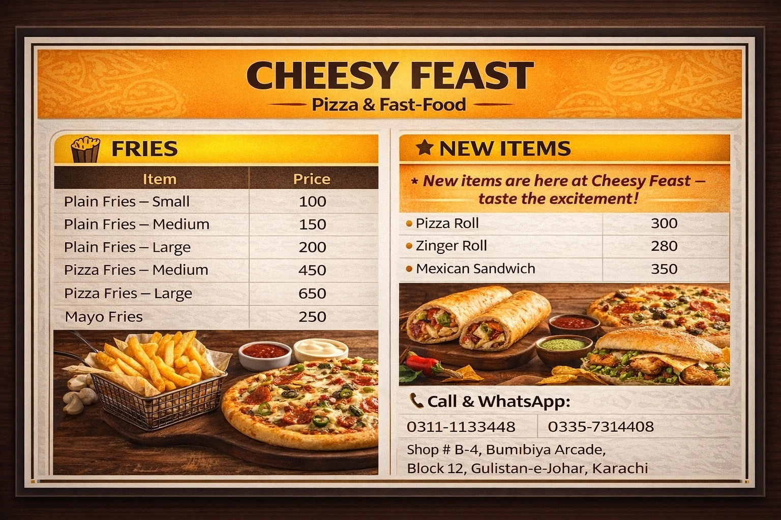 Fries, Mayo Fries, Pizza Roll, Zinger Roll, Mexican Sandwich