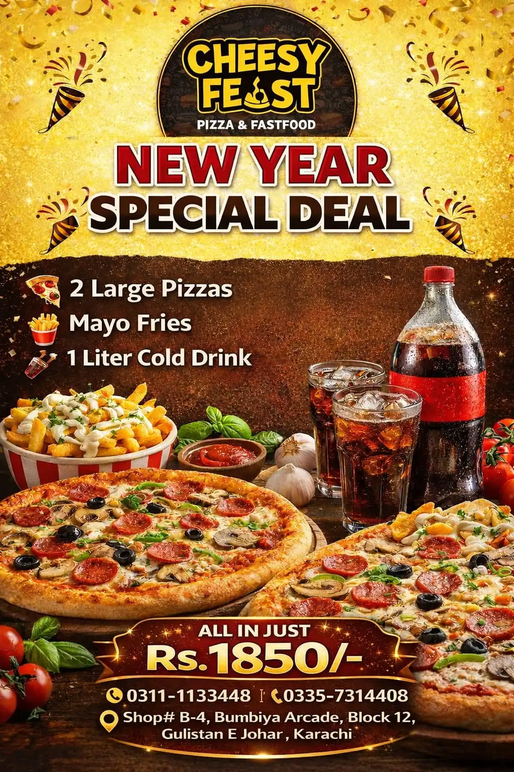 Cheesy Feast Special Deals - 2 Large pizzas, Mayo fries, Cold Drink
